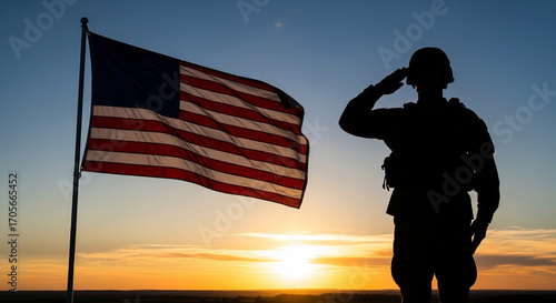 Photo of silhouette of a soldier saluting the american flag at sunset