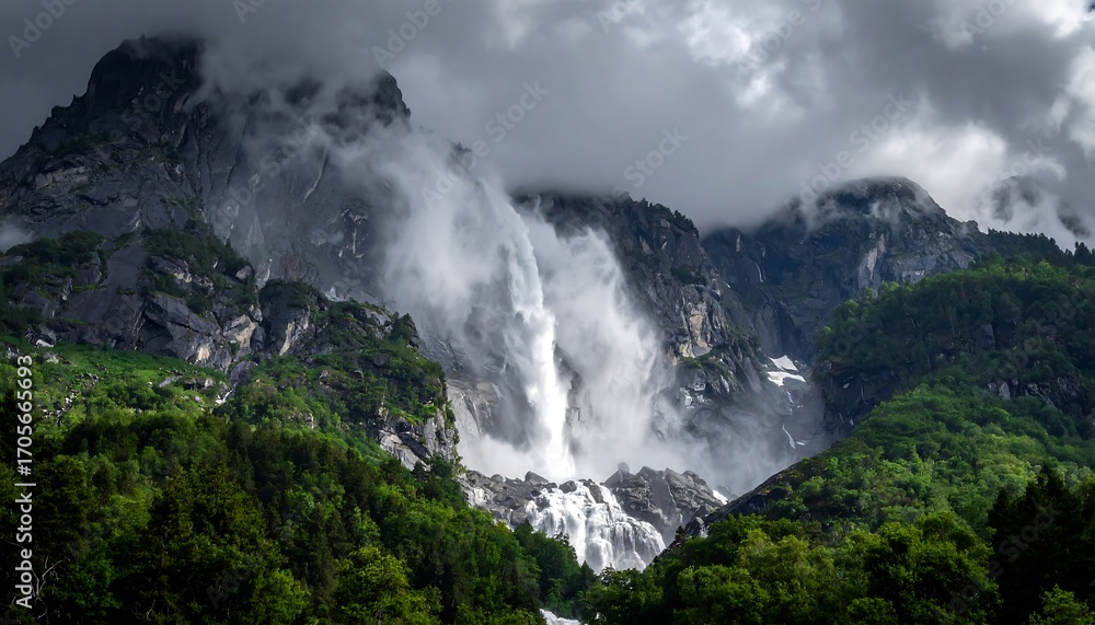 Fototapeta premium Majestic mountain range with multiple waterfalls cascading down, enveloped in mist under a dramatic, cloudy sky