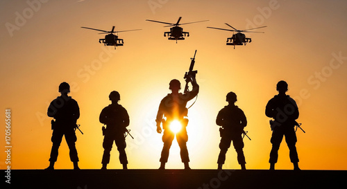 Photo of silhouetted soldiers stand guard with helicopters flying overhead during a dramatic sunset