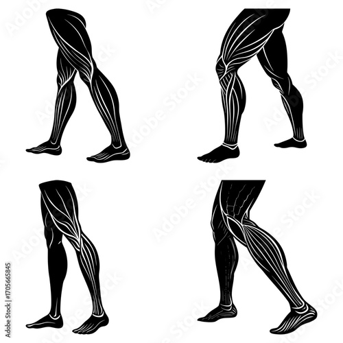 Illustration showing four different views of human legs with muscles in black and white anatomical study