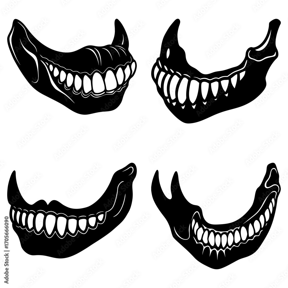 Fototapeta premium Four stylized black and white drawings of skeletal jaws with teeth in different orientations and styles