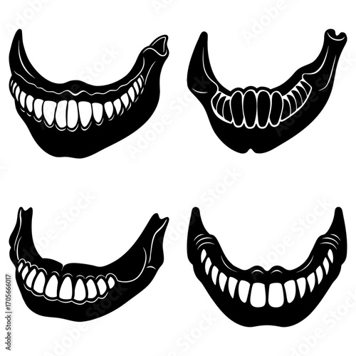 Four stylized black and white illustrations of human mandibles with teeth displayed on a white background