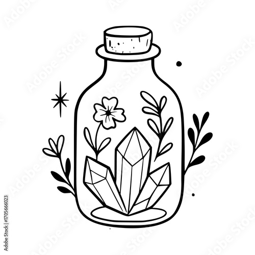 witchy bottle with healing crystals and flowers