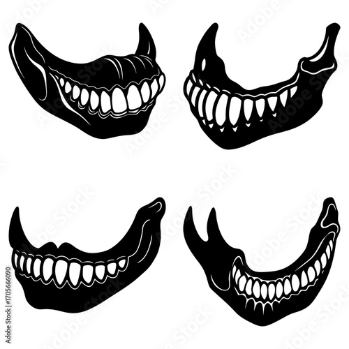 Four stylized black and white drawings of skeletal jaws with teeth in different orientations and styles