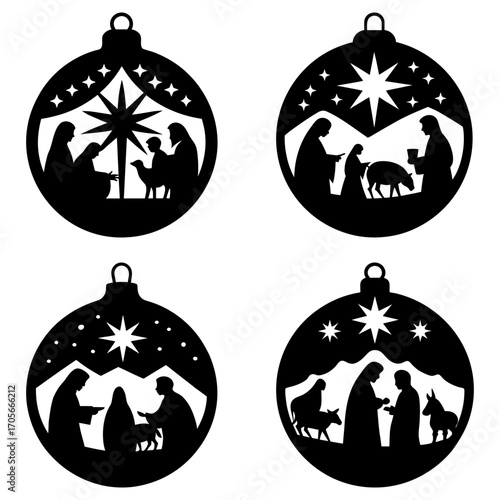 Four christmas ornaments depicting the nativity scene in silhouette style with various star designs above
