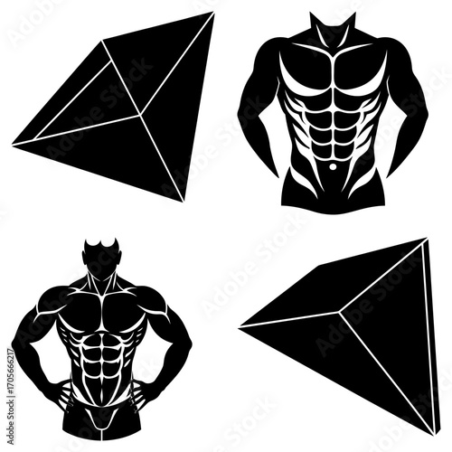 Illustration of two pyramids and two muscular torsos in a black and white composition style