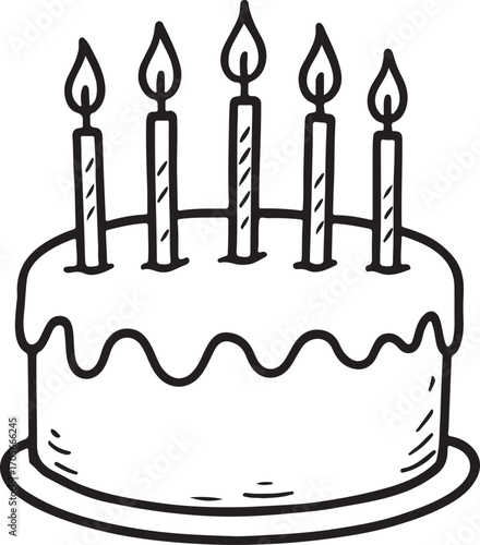 Hand drawn birthday cake with five lit candles, celebration party illustration