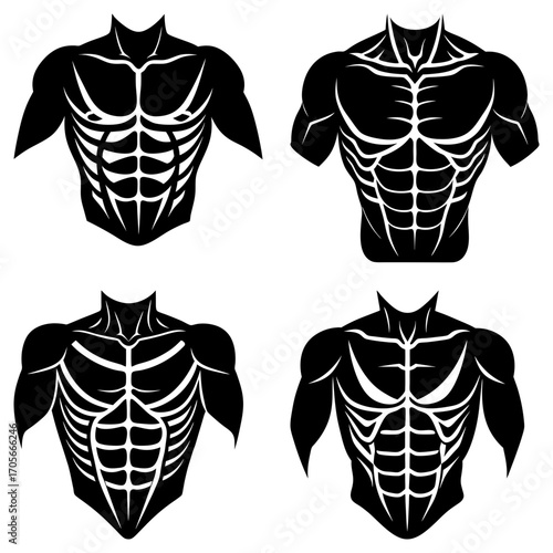 Four stylized black and white illustrations of muscular torsos with defined abs and chest muscles