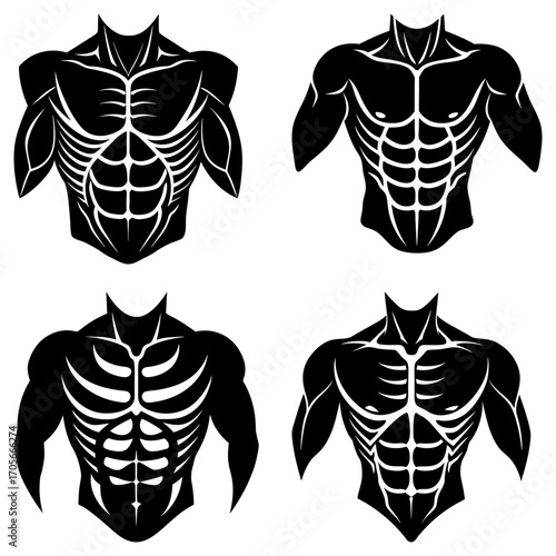 Four stylized black and white illustrations of muscular torsos with defined abdominal muscles shown