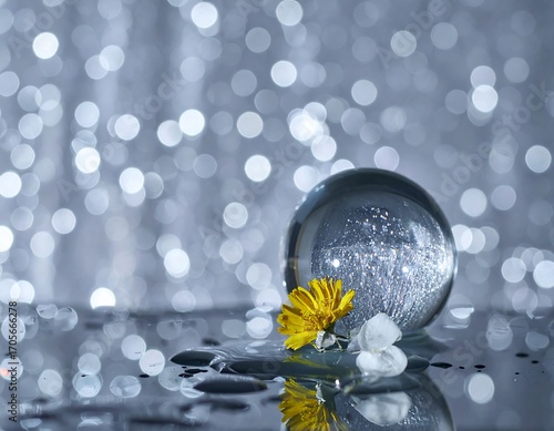 Glass sphere with flowers on a reflective surface