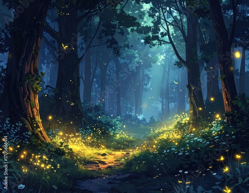 A magical forest path glows with fireflies at night, creating an enchanting and serene atmosphere.