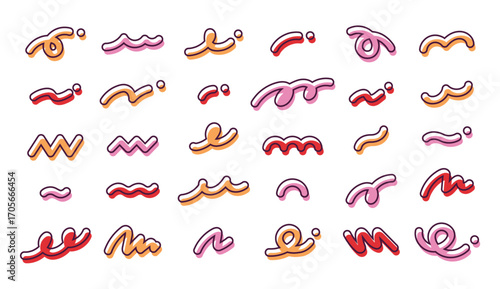 シンプルでかわいい抽象的な装飾イラストセット　メンフィス　くるん　お洒落な線　波　ジグザグ　ギザギザ　手描き