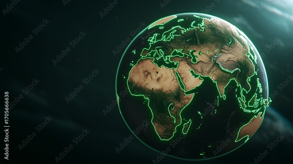 Obraz premium The image shows a digital rendering of planet Earth with a dark background and bright green glowing outlines highlighting the continents and coastlines of the planet, creating a futuristic feel.