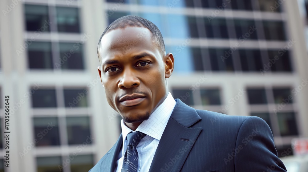 Fototapeta premium A black businessman stands serious in a blue suit near a business center