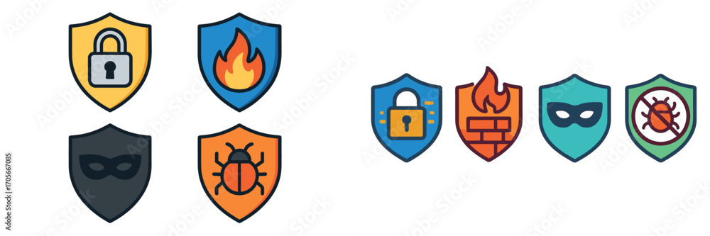 Fototapeta premium Cybersecurity protection symbols for digital safety, including firewall, antivirus, and hacker defense