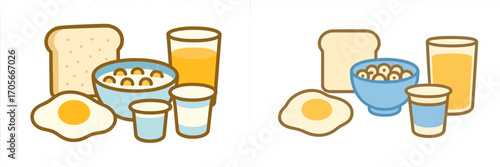 Collection of essential breakfast items featuring toast cereal fried egg orange juice and yogurt cups