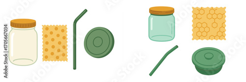 Eco-friendly reusable kitchen items for sustainable living with glass jars, metal straw, and beeswax wraps