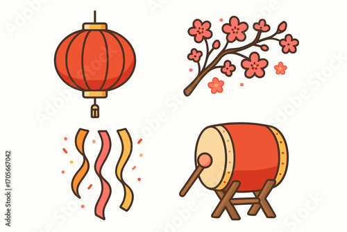 Vibrant collection of traditional Asian celebration elements including a red lantern, blooming cherry blossom branch, festive confetti, and a ceremonial drum