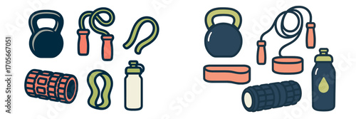 Collection of essential fitness equipment for home workouts and gym training including kettlebells, jump ropes, and resistance bands