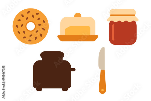Assortment of breakfast food items including bagel, butter, jam, toaster, and knife for a morning meal