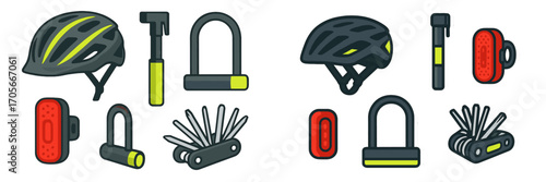 Bicycle accessories collection featuring safety helmets, tire pumps, security U-locks, tail lights, and multi-tools for cycling