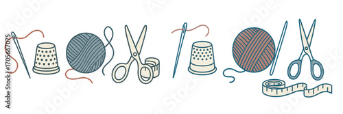 Collection of essential sewing and knitting tools and supplies, including various needles, thimbles, colorful yarn, sharp scissors, and a flexible tape measure for crafting projects