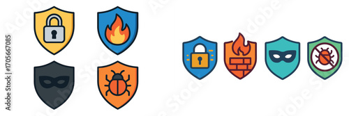 Cybersecurity protection symbols for digital safety, including firewall, antivirus, and hacker defense
