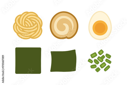 Assortment of ramen soup ingredients including noodles, boiled egg, narutomaki fish cake, nori seaweed, and chopped green onions