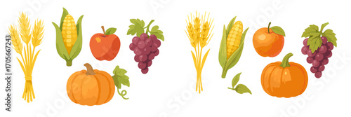 Vibrant autumn harvest bounty featuring fresh fruits, vegetables, and grains, perfect for seasonal designs and themes
