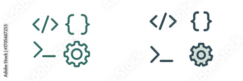 Set of programming and development icons featuring essential symbols like code tags, curly braces, command prompt, and gear for software engineering and web design projects