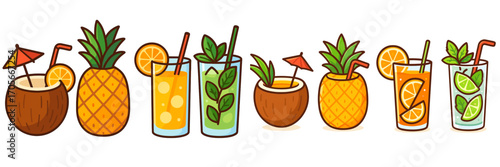 Assortment of refreshing tropical summer drinks with fruit garnishes, whole pineapples, and coconuts