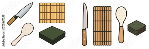Collection of essential kitchen utensils and ingredients for preparing traditional Japanese sushi rolls, including a knife, bamboo mat, rice paddle, and nori seaweed sheets