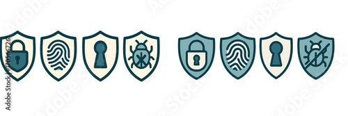 Comprehensive set of digital security and privacy shield icons featuring padlock fingerprint keyhole and bug symbols