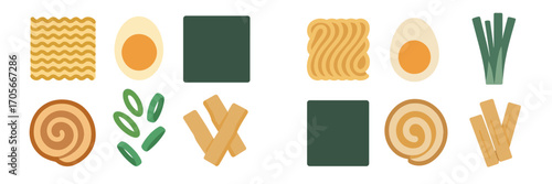 Essential ramen noodle ingredients set with instant noodles, boiled egg, seaweed, narutomaki, and green onions
