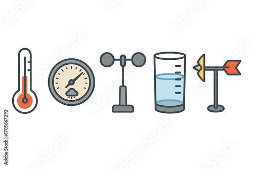 Weather instruments collection: thermometer, barometer, anemometer, rain gauge, weather vane