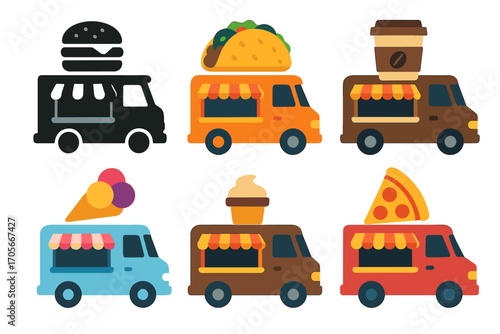 Collection of colorful food trucks offering various street food options like burgers, tacos, coffee, and ice cream