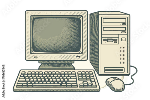 Retro desktop computer setup with CRT monitor, tower PC, keyboard, and wired mouse on white background