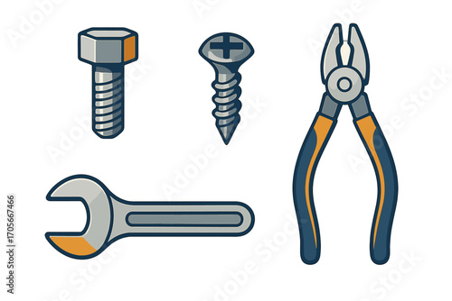 Essential workshop hand tools and metal fasteners including a bolt, screw, wrench, and pliers for various repair and construction projects