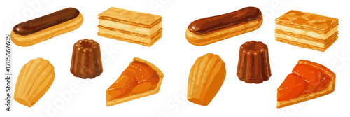 Assortment of classic French pastries including eclairs, madeleines, mille-feuille, caneles, and fruit tarts
