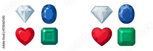 Collection of faceted gemstones in various shapes and colors including diamond, sapphire, ruby, and emerald