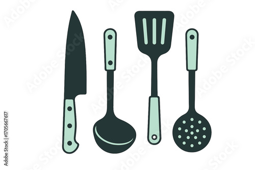Essential kitchen cooking tools including a chef's knife, soup ladle, slotted spatula, and skimmer