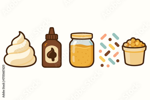 Sweet dessert garnishes including whipped cream, chocolate syrup, caramel sauce, and colorful sprinkles