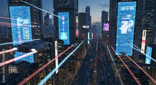 Photo of futuristic cityscape at night with flying cars and neon billboards