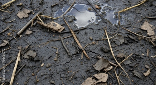 Muddy ground with twigs and leaves after rain, wet soil background