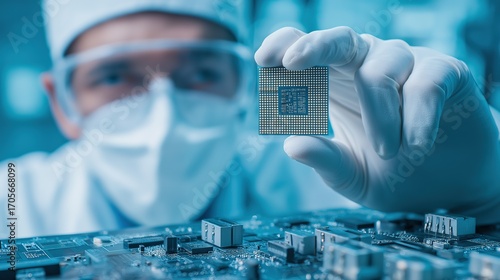 Technology expert with microchip on computer PCB in safety gear, goggles and chips against sky, symbolizing semiconductor development and engineering.