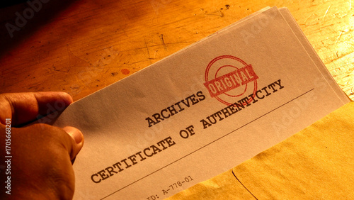 Close-up of a hand holding a stack of documents, likely a certificate of authenticity, with a red stamp that reads ORIGINAL visible

