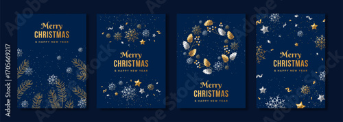 Merry Christmas 2026 blue posters set. Happy New Year gold and silver confetti, fir tree branch, snowflakes. Vector illustration. Winter holiday minimal flyer, banner brochure voucher template