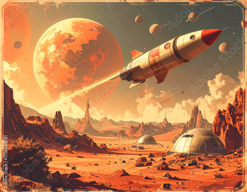 Retro rocket ship launching from a science fiction colony on a barren, Mars-like alien planet with a giant moon in the sky