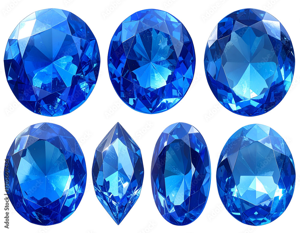 Fototapeta premium Collection of Blue Faceted Crystals in Assorted Natural Shapes Isolated