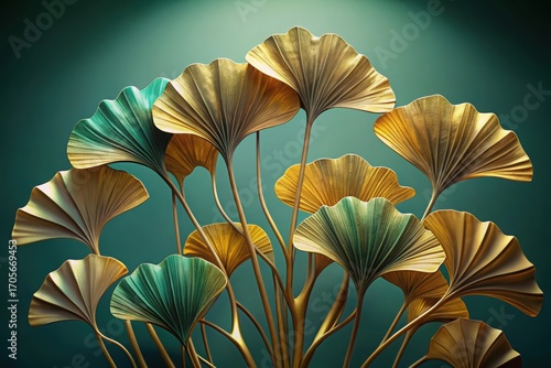 Wallpaper Mural Elegant 3D  metallic ginkgo leaves in stunning gold and emerald hues create a luxurious botanical art display Torontodigital.ca